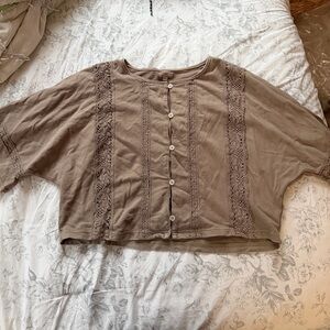 Aerie Taupe Button-Up Blouse with Lace Accents